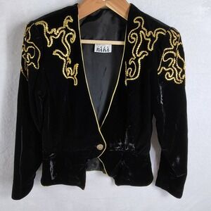 Vintage Karen Lucas Blazer Women Sz S Velvet Black Gold‎ Trim Velour Long Sleeve